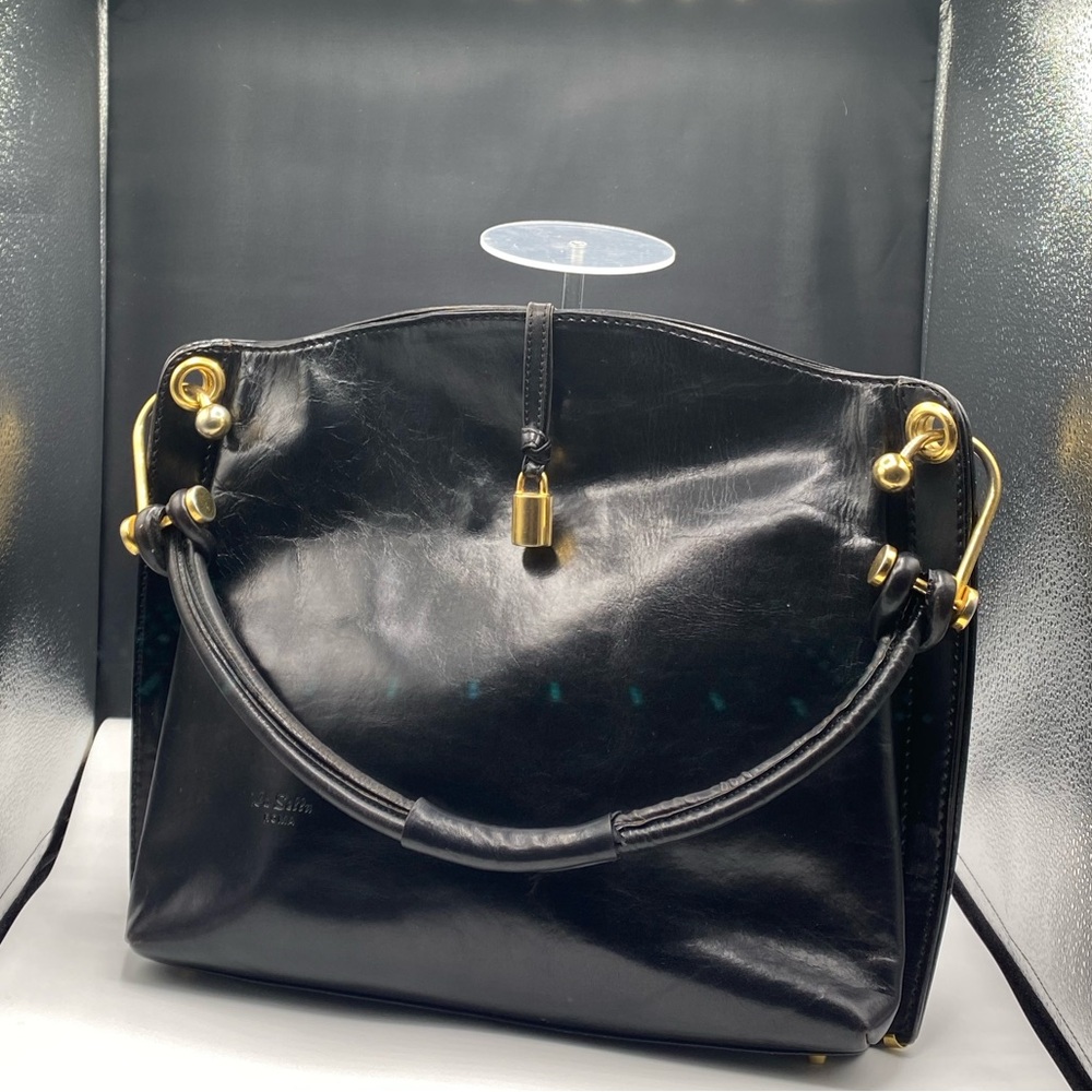 636La Sella Roma black smooth leather shoulder bag brass hdw preloved by me